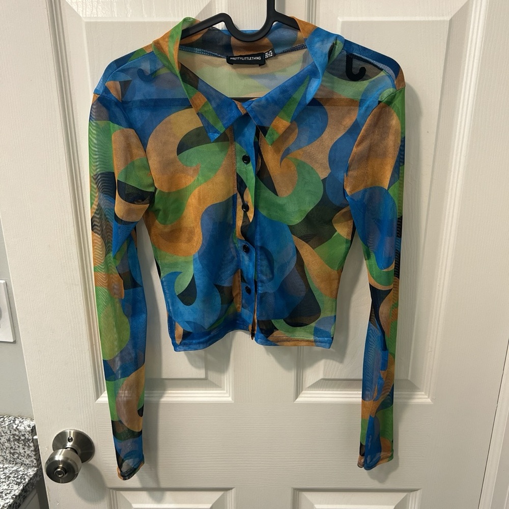 PRETTYLITTLETHING Blue Swirl Mesh Shirt